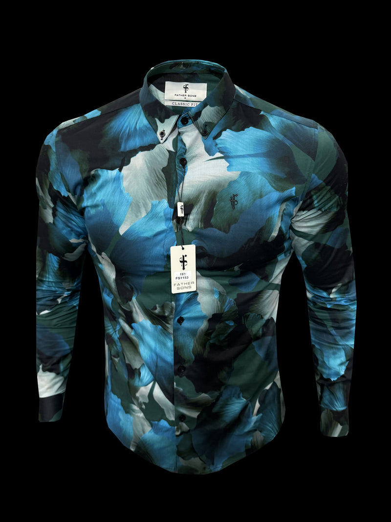 Classic Stretch LS Blue / Green Marine Print Button Down Collar - FS1109