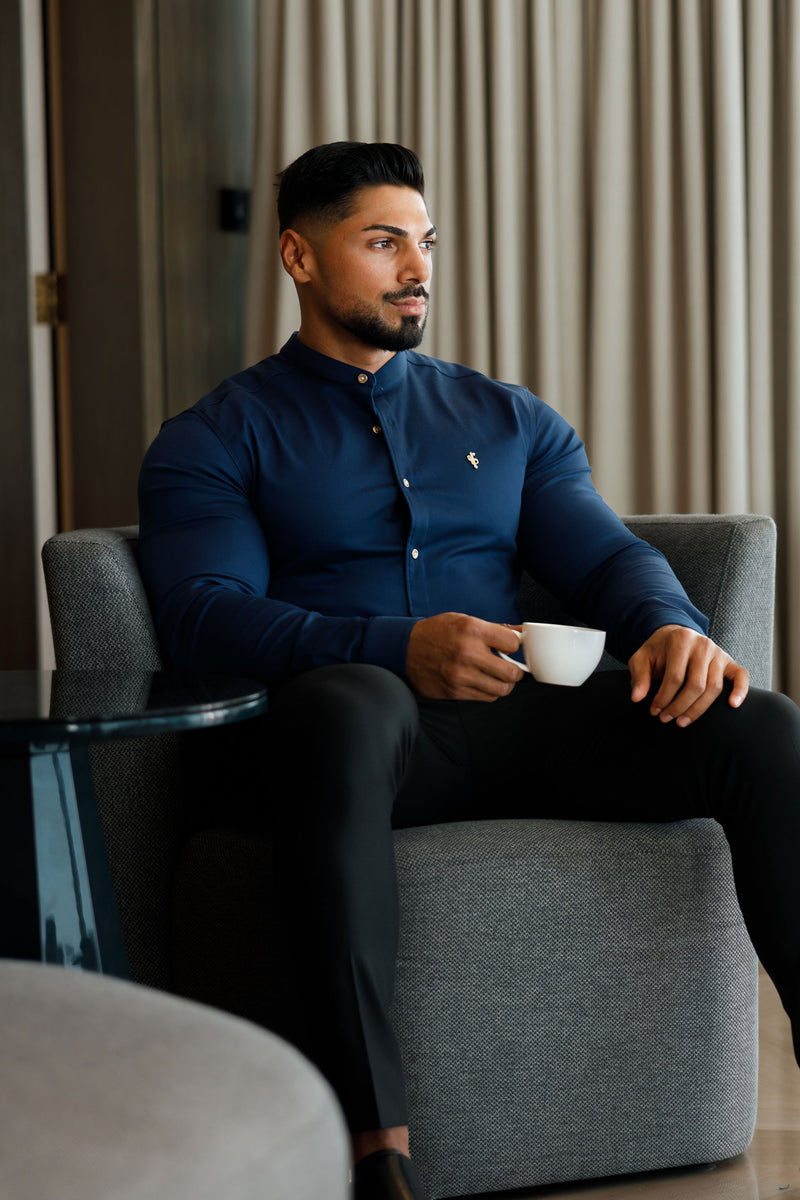 Father Sons Super Slim Stretch Navy Denim Long Sleeve Grandad collar with Metal Buttons and Decal Emblem - FS713