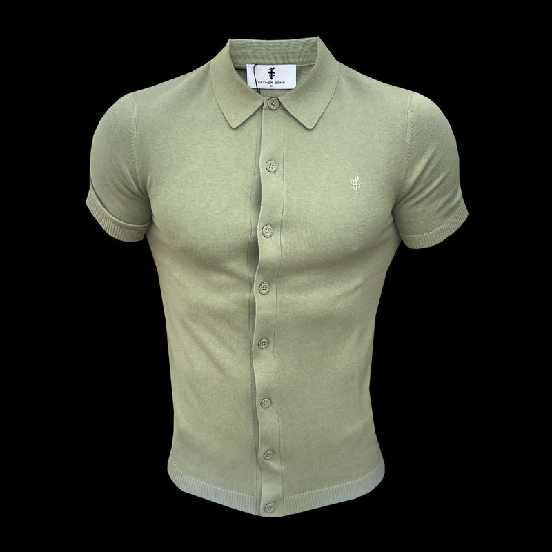 Father Sons Classic Plain Olive Knitted Button Through Polo Short Sleeve - FSN162