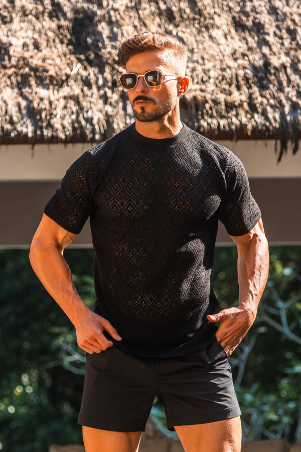Father Sons Crochet Crew T-Shirt Black Short Sleeve - FSJ085 (PRE 17TH JUNE)