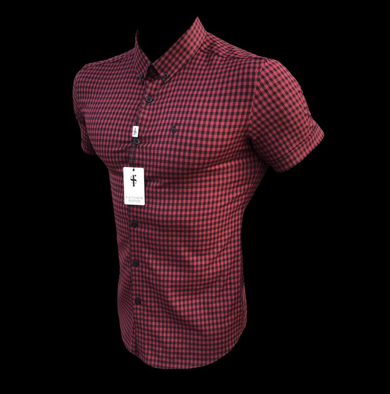 Father Sons Super Slim Ultra Stretch Red & Black Check Short Sleeve - FS514