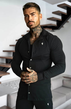 Father Sons Stretch Black Pique Revere Shirt Long Sleeve - FSH1351