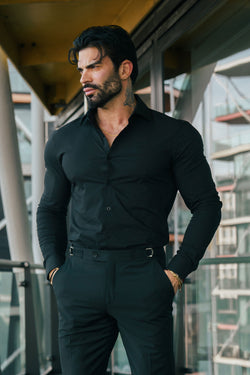 Father Sons Muscle Fit Advanced Stretch Black Cutaway Collar Shirt  - FS1164 (PRE ORDER 18TH MARCH)