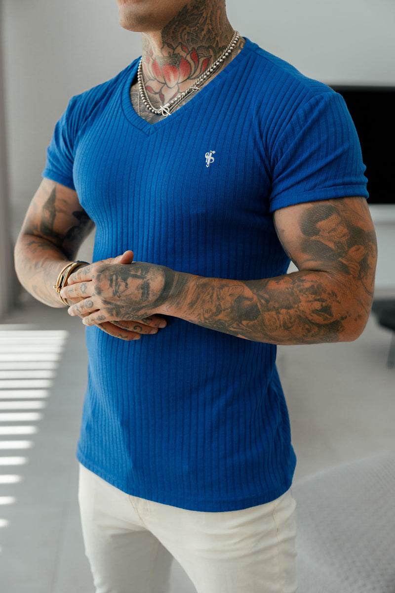 Father Sons Classic Royal Blue / Silver V Neck Ribbed Crew - FSH1132