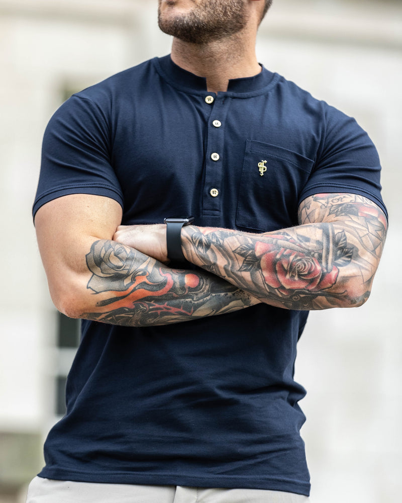 Father Sons Classic Navy and Gold Grandad Polo Shirt With Pocket - FSH828