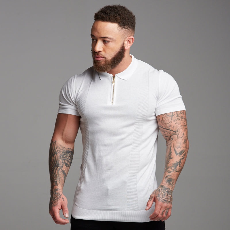 Father Sons Classic White and Gold Zip Knitted Short Sleeve Polo Shirt - FSH175