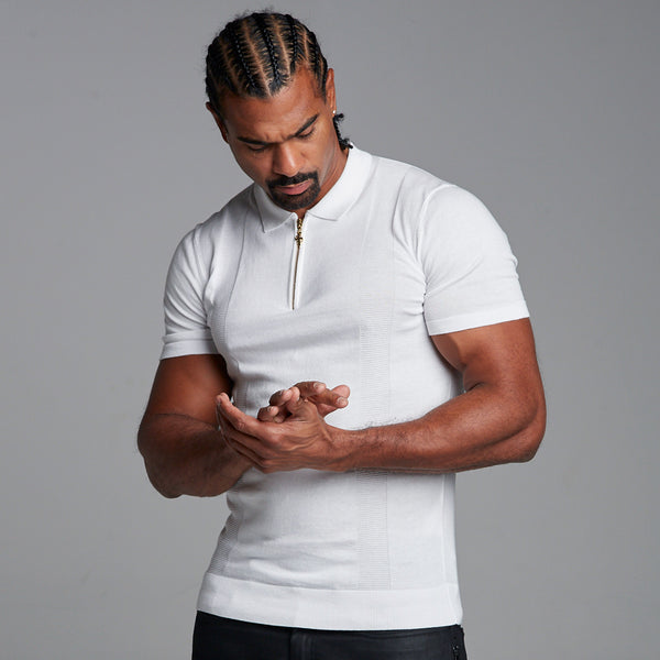 Father Sons Classic White and Gold Zip Knitted Short Sleeve Polo Shirt - FSH175