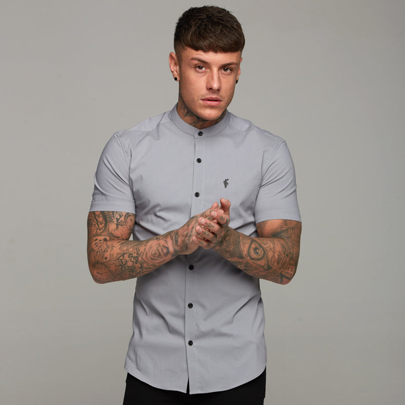 Father Sons Super Slim Stretch Classic Silver Grey Grandad Collar Short Sleeve - FS288