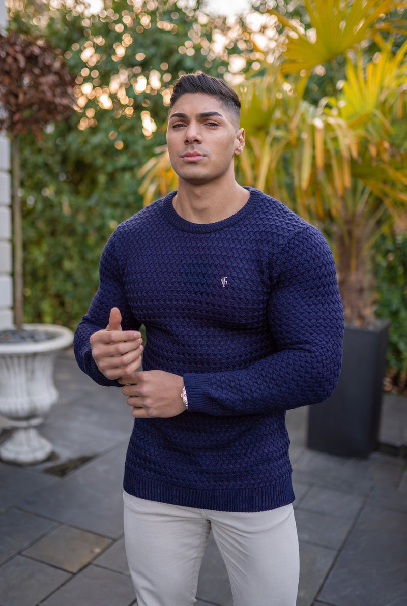 Father Sons Navy Knitted Weave Super Slim Jumper With Metal Decal - FSJ013