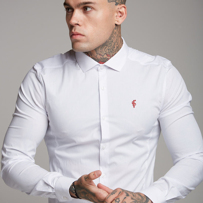 Father Sons Super Slim Stretch Classic White Panel Shirt (Burgundy embroidery) - FS316 (LAST CHANCE)