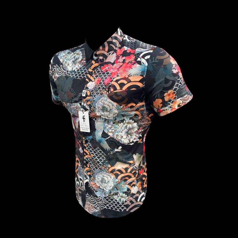 Father Sons Super Slim Stretch Multi Oriental Print Short Sleeve with Button Down Collar - FS766