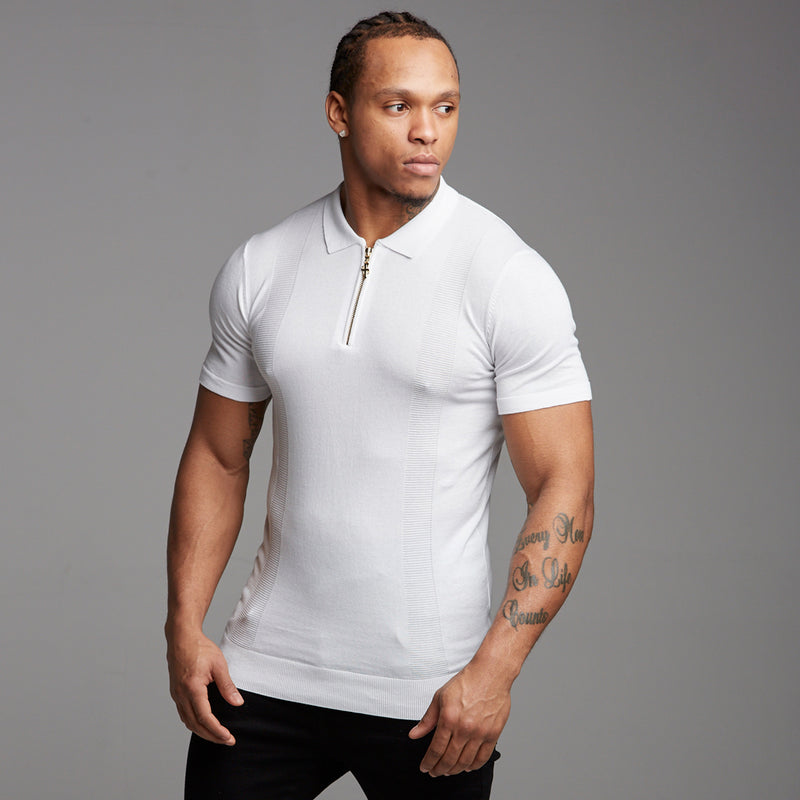 Father Sons Classic White and Gold Zip Knitted Short Sleeve Polo Shirt - FSH175