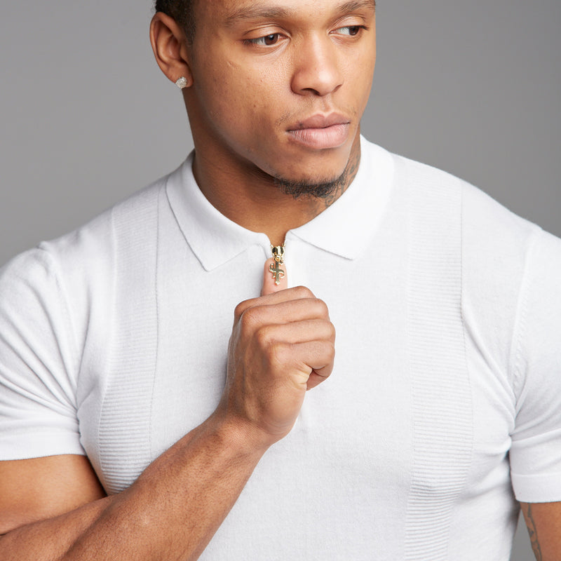Father Sons Classic White and Gold Zip Knitted Short Sleeve Polo Shirt - FSH175