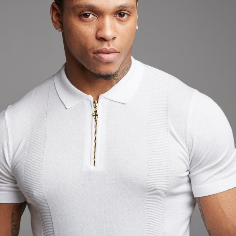 Father Sons Classic White and Gold Zip Knitted Short Sleeve Polo Shirt - FSH175