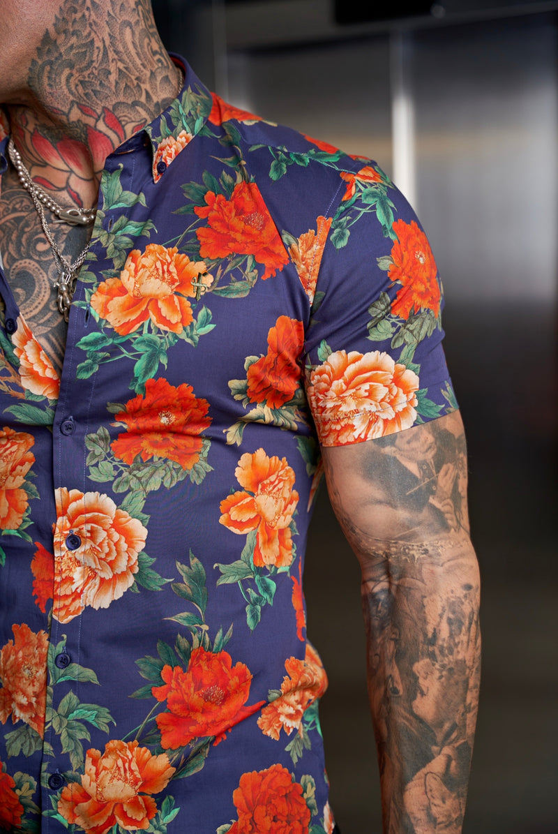 Father Sons Super Slim Stretch Navy and Red Floral Print Short Sleeve with Button Down Collar - FS839
