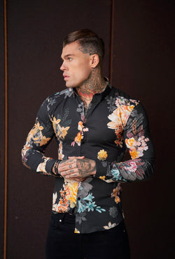 Father Sons Super Slim Stretch Black Mixed Lily Floral Print Long Sleeve with Button Down Collar - FS854