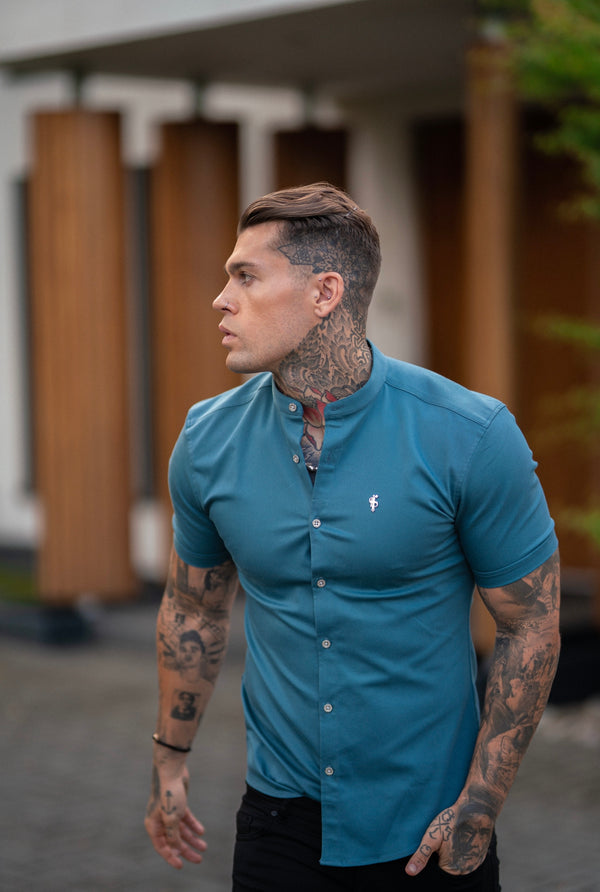 Father Sons Super Slim Stretch Teal Denim Short Sleeve Grandad collar with Metal Buttons and Decal Emblem - FS712