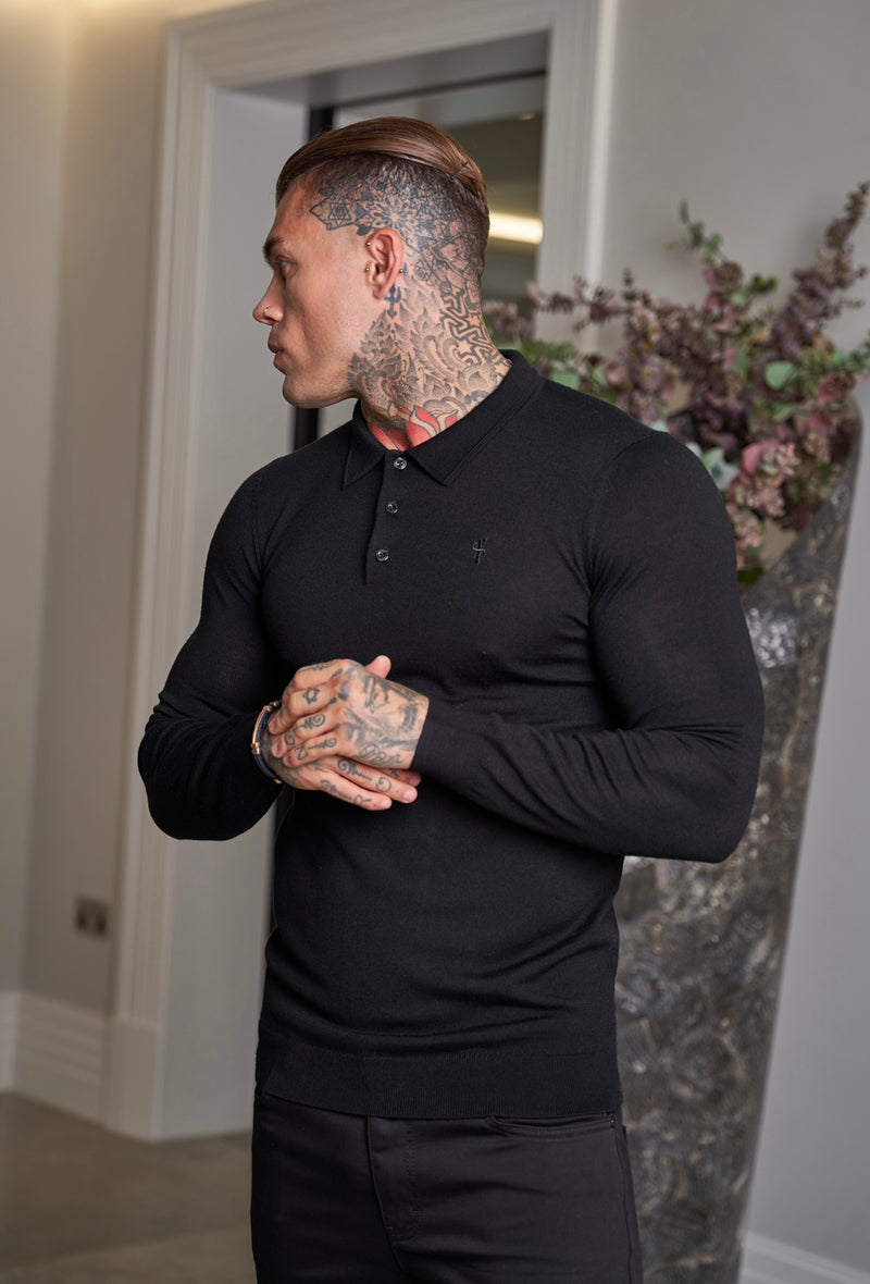 Father Sons Classic Black Merino Wool Knitted Polo Jumper Long Sleeve With FS Embroidery- FSN014