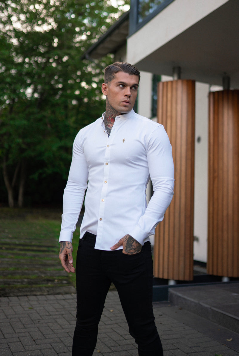 Father Sons Super Slim Stretch White Denim Long Sleeve Grandad collar with Metal Buttons and Decal Emblem - FS719
