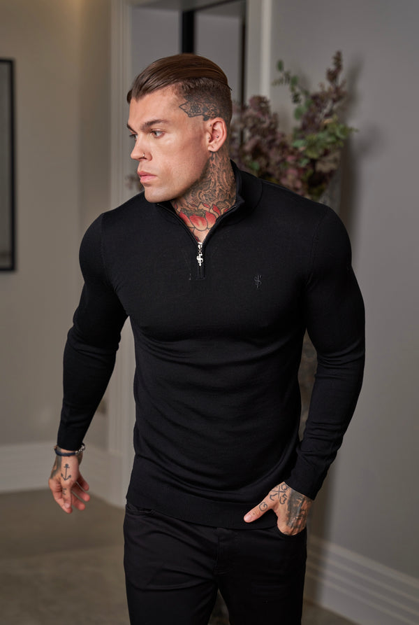 Father Sons Classic Black Merino Wool Knitted Funnel Neck Zip Long Sleeve Jumper With FS Embroidery- FSN004