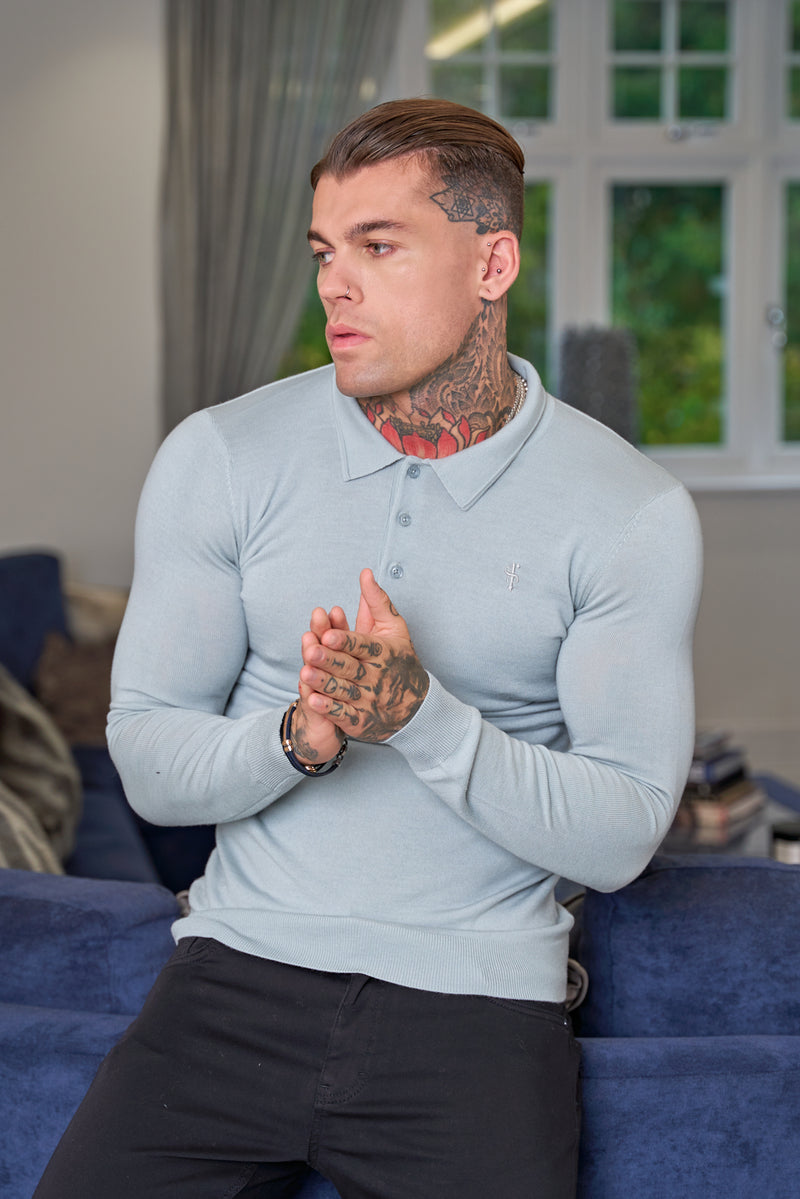 Father Sons Classic Grey Merino Wool Knitted Polo Jumper Long Sleeve With FS Embroidery- FSN017