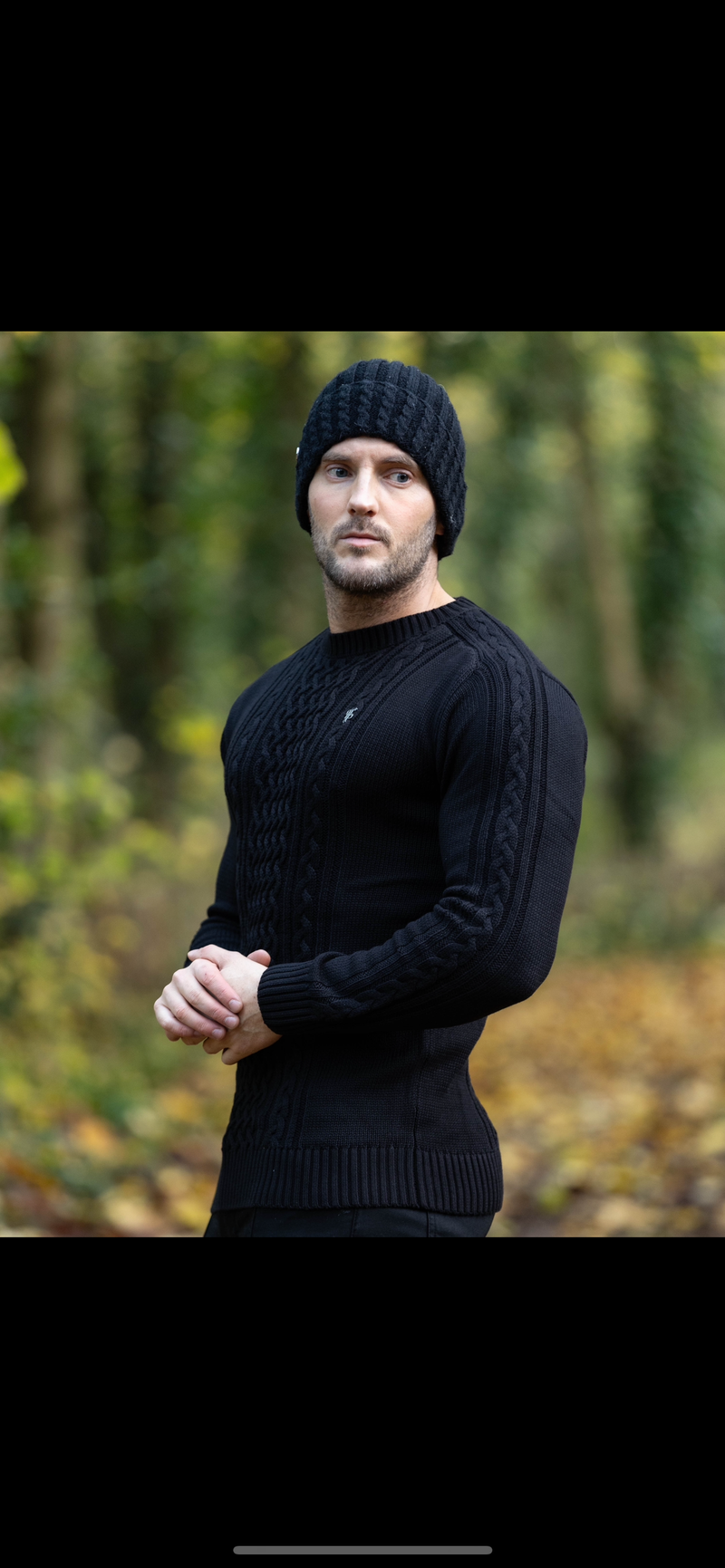 Father Sons Black Knitted Cable Saddle Crew Super Slim Jumper With Metal Decal - FSN073