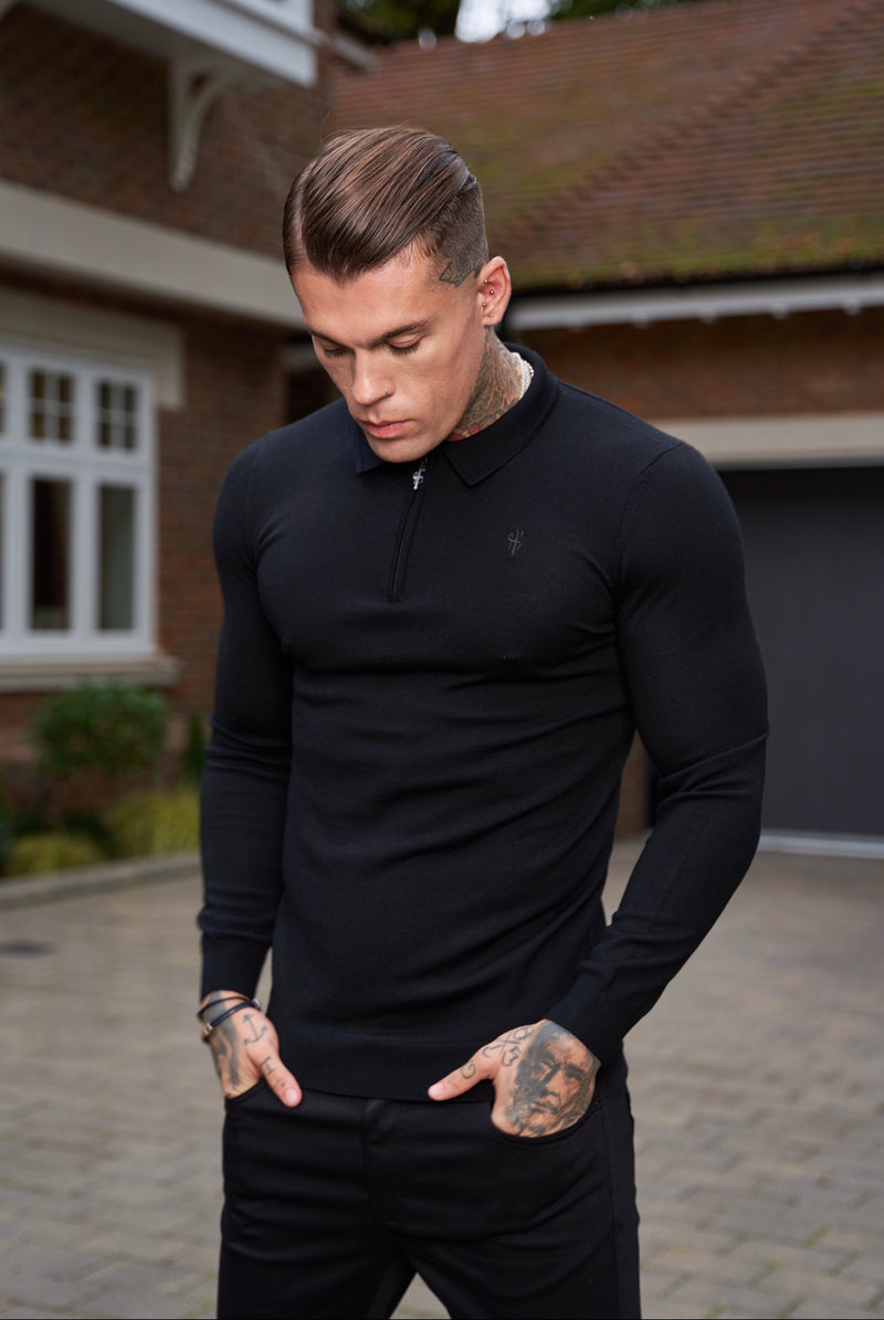 Father Sons Classic Black Merino Wool Knitted Zip Polo Long Sleeve Jumper With FS Embroidery- FSN010