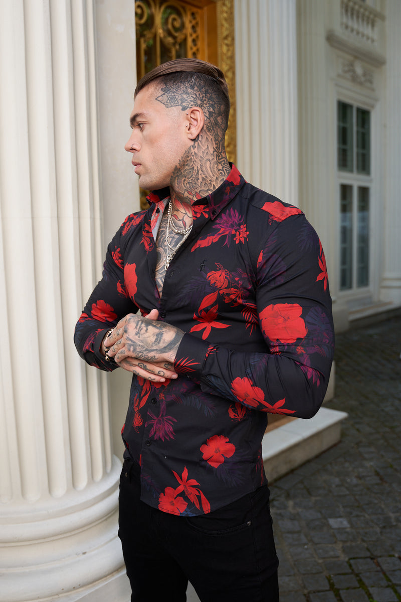 Father Sons Super Slim Stretch Black and Red Floral Print Long Sleeve with Button Down Collar - FS770 (PRE ORDER 13TH MAY)
