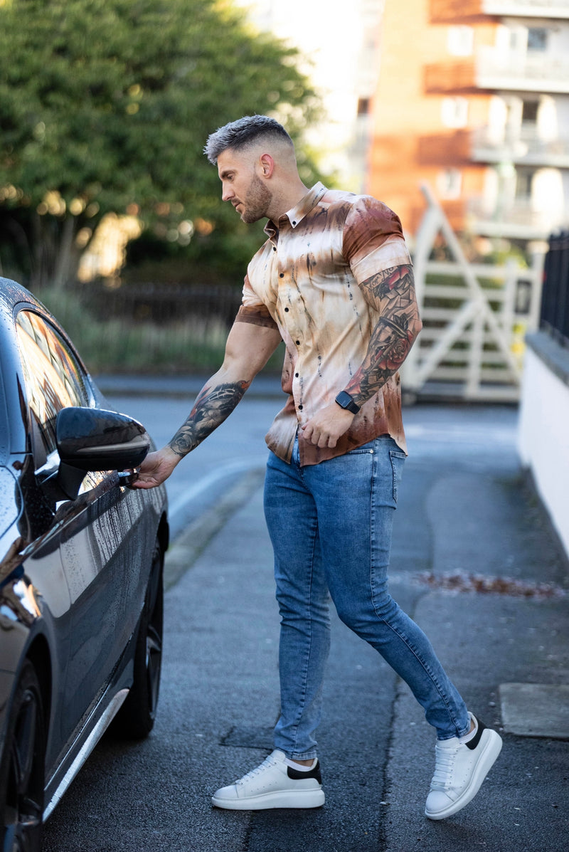 Father Sons Super Slim Stretch Neutral Tie Dye Print Short Sleeve with Button Down Collar - FS813
