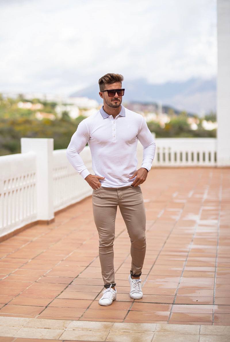 Father Sons Classic White Honeycomb Textured Polo Shirt with Contrast Collar Long Sleeve  - FSH423