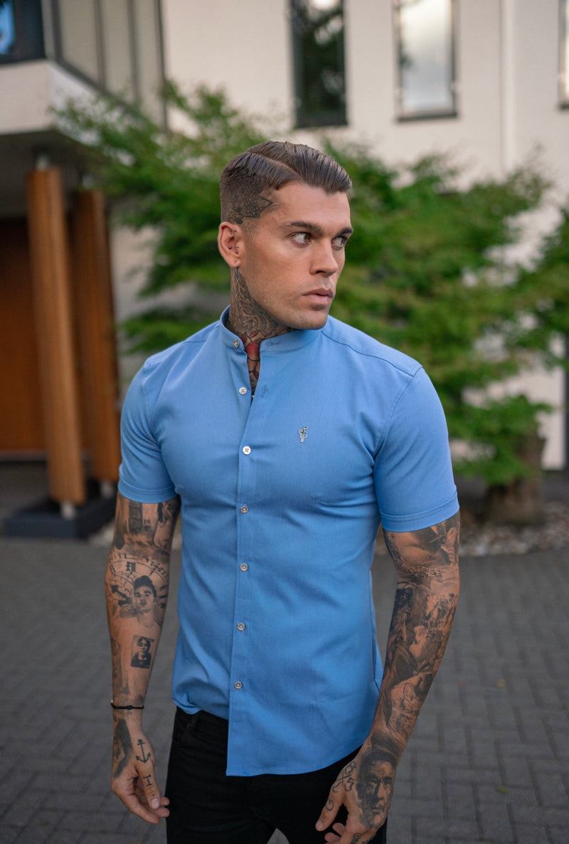 Father Sons Super Slim Stretch Light Blue Denim Short Sleeve Grandad collar with Silver Metal Buttons and Decal Emblem - FS718
