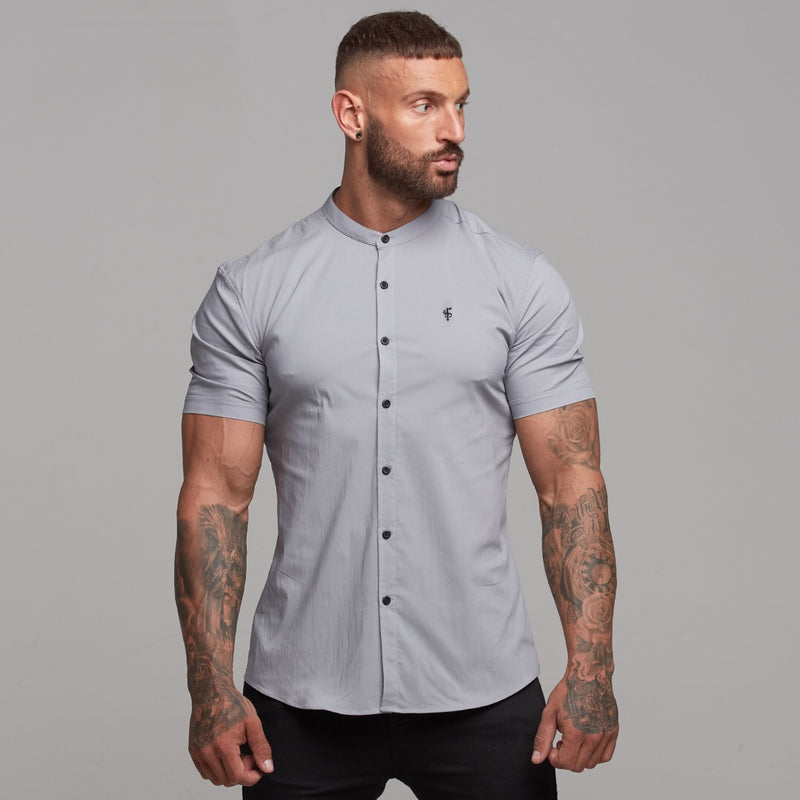 Father Sons Super Slim Stretch Classic Silver Grey Grandad Collar Short Sleeve - FS288