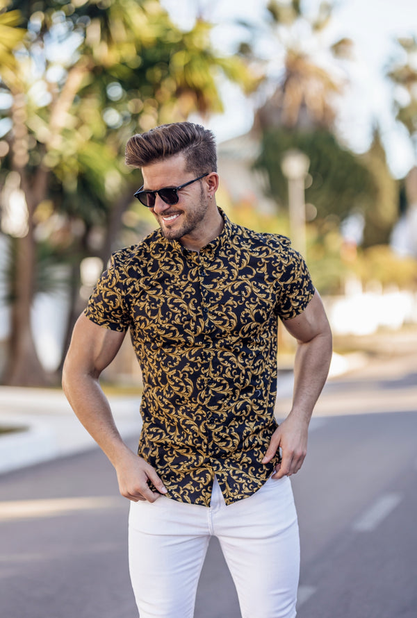 Father Sons Super Slim Stretch Black / Gold Scroll Print Short Sleeve with Button Down Collar - FS809