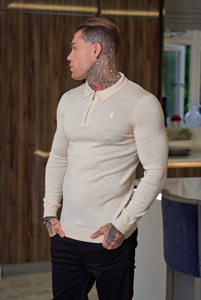 Father Sons Classic Beige Merino Wool Knitted Zip Polo Long Sleeve Jumper With FS Embroidery- FSN008