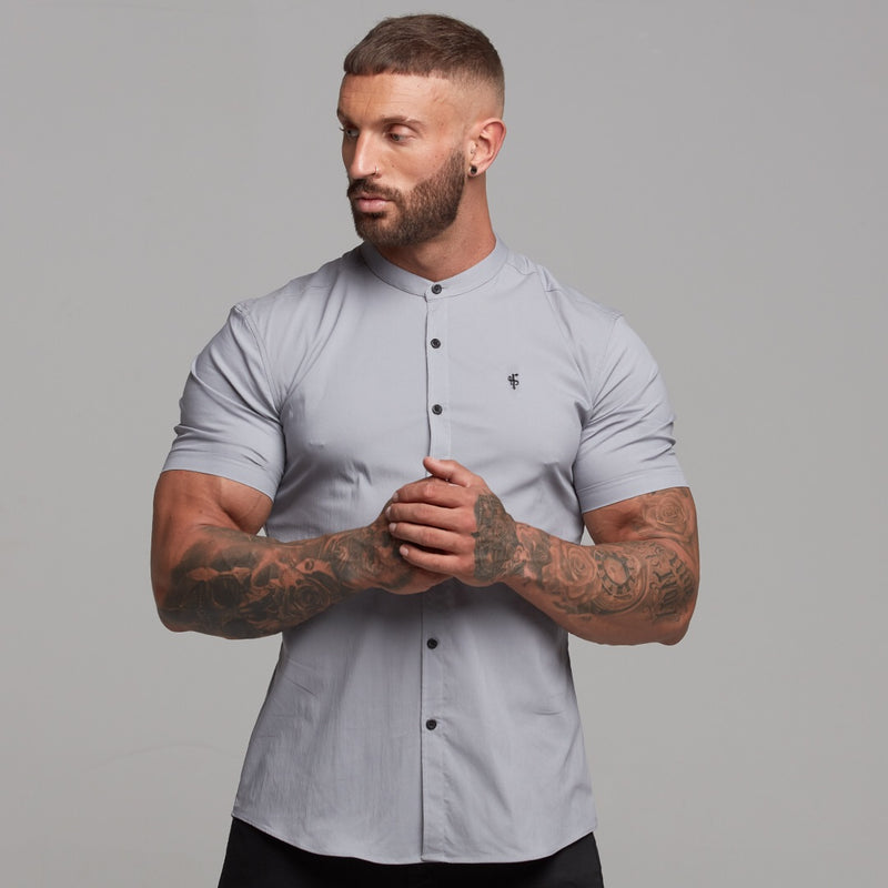 Father Sons Super Slim Stretch Classic Silver Grey Grandad Collar Short Sleeve - FS288