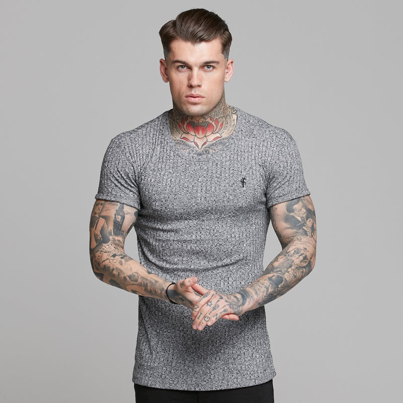 Father Sons Classic Grey Ribbed Knit Super Slim Long Line Crew- FSH173