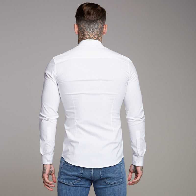Father Sons Super Slim Stretch Classic White Shirt (Black Embroidery) - FS516