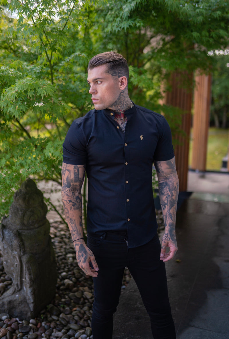 Father Sons Super Slim Stretch Black Denim Short Sleeve Grandad collar with Metal Buttons and Decal Emblem - FS708