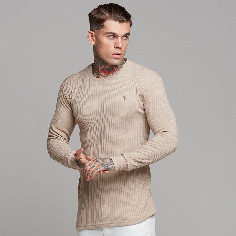 Father Sons Classic Beige Long Sleeve Ribbed Knit Super Slim Crew - FSH293