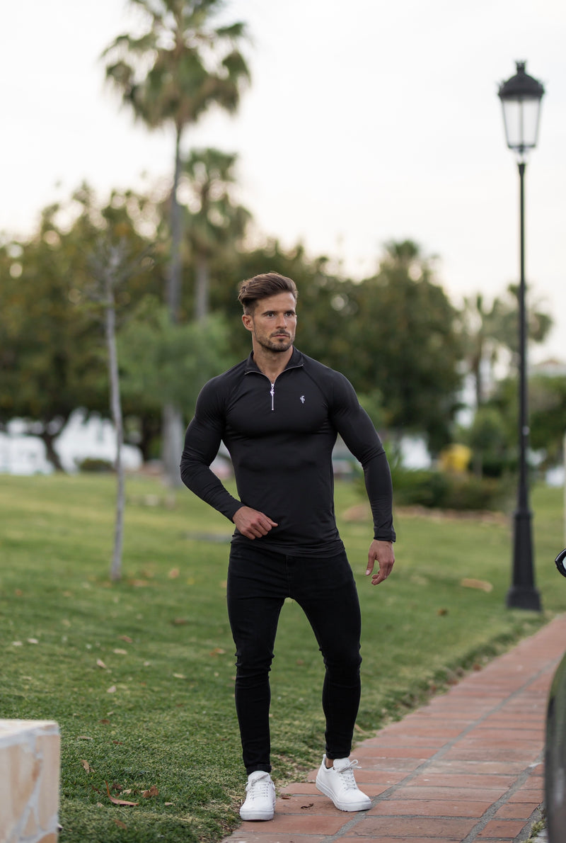 Father Sons Long Sleeve Solid Black Half Zip Gym Top - FSH634