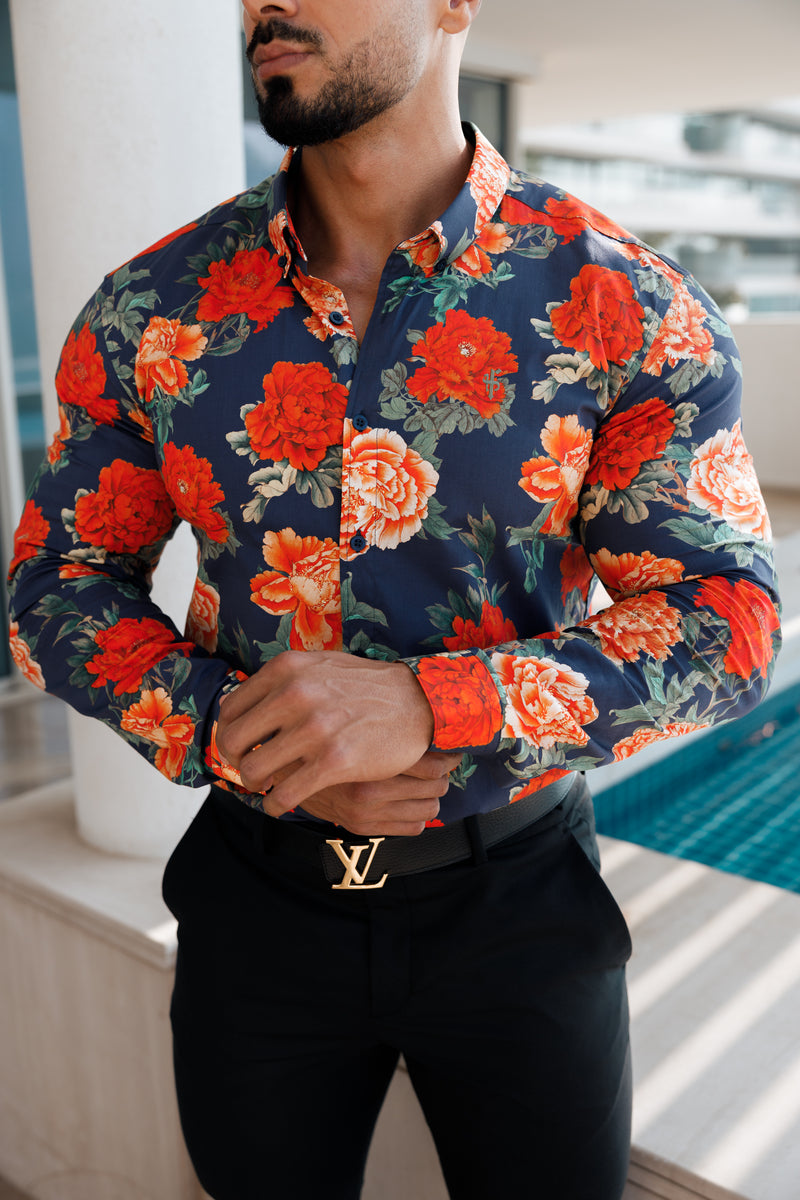 Father Sons Super Slim Stretch Navy and Red Floral Print Long Sleeve with Button Down Collar - FS840
