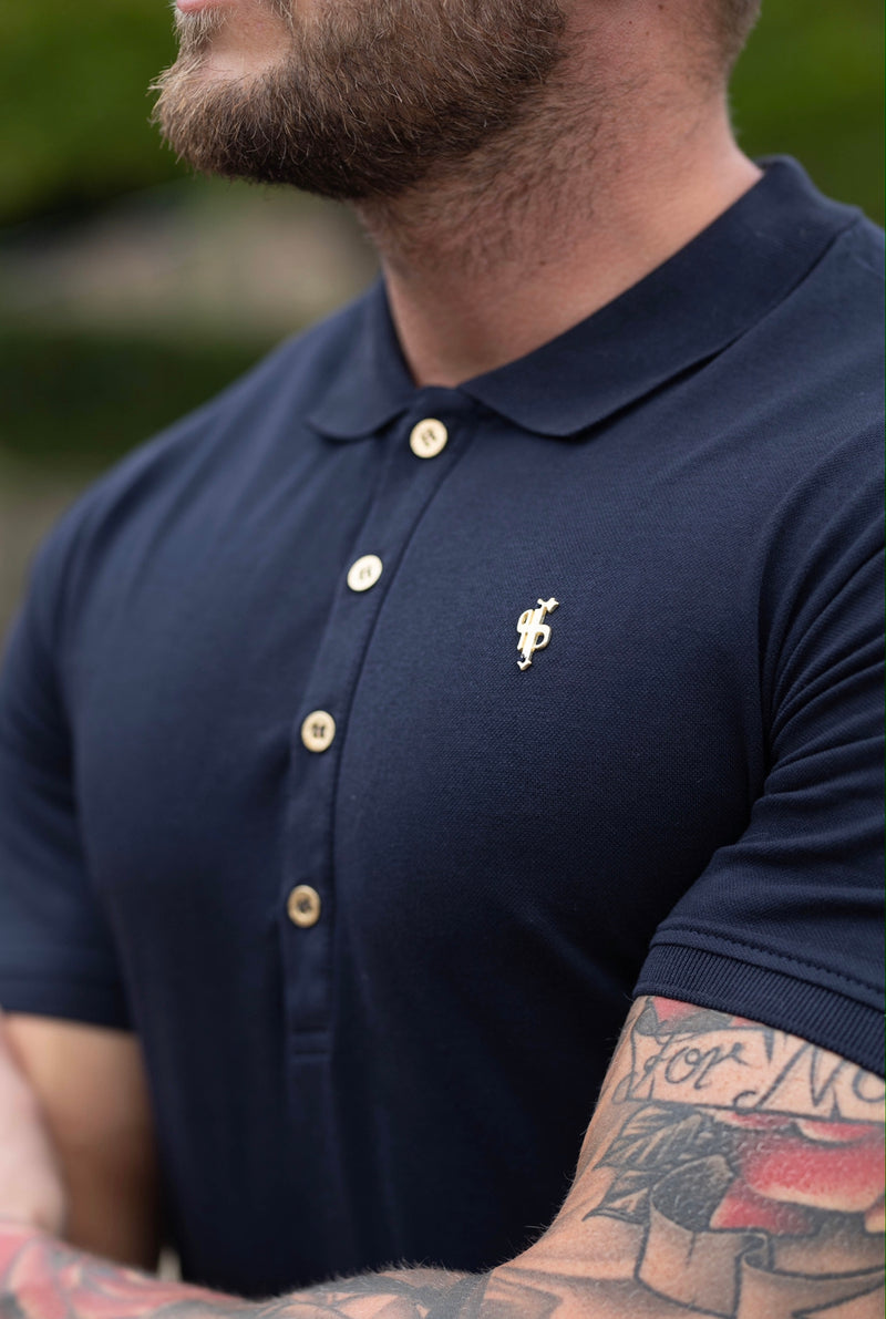 Father Sons Classic Navy Polo Shirt with Gold Metal Emblem Decal & Buttons - FSH462