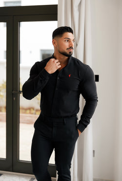 Father Sons Super Slim Scuba Black Long Sleeve Stretch With Grandad Collar - FS931