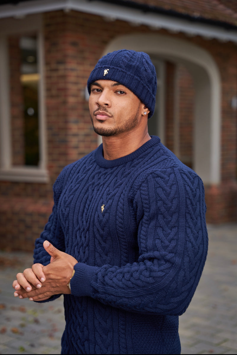Father Sons Navy Twisted Braid Weave Super Slim Jumper With Gold Decal - FSJ036