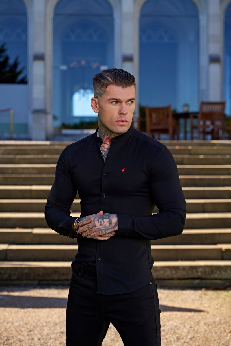 Father Sons Super Slim Scuba Black Long Sleeve Stretch With Grandad Collar - FS931