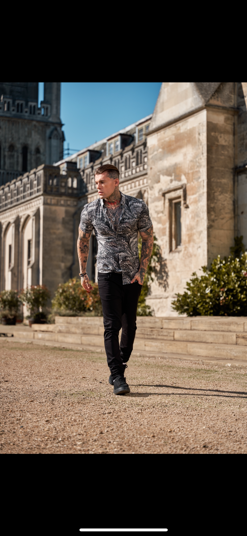 Father Sons Super Slim Stretch Grey / Black Peacock Print Short Sleeve with Button Down Collar - FS913