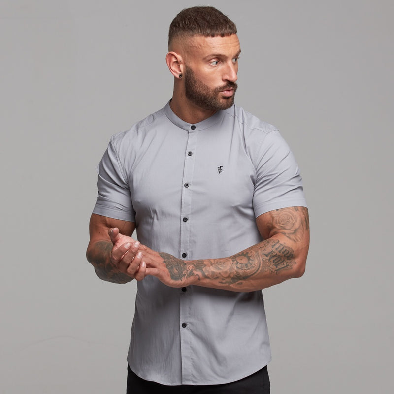 Father Sons Super Slim Stretch Classic Silver Grey Grandad Collar Short Sleeve - FS288