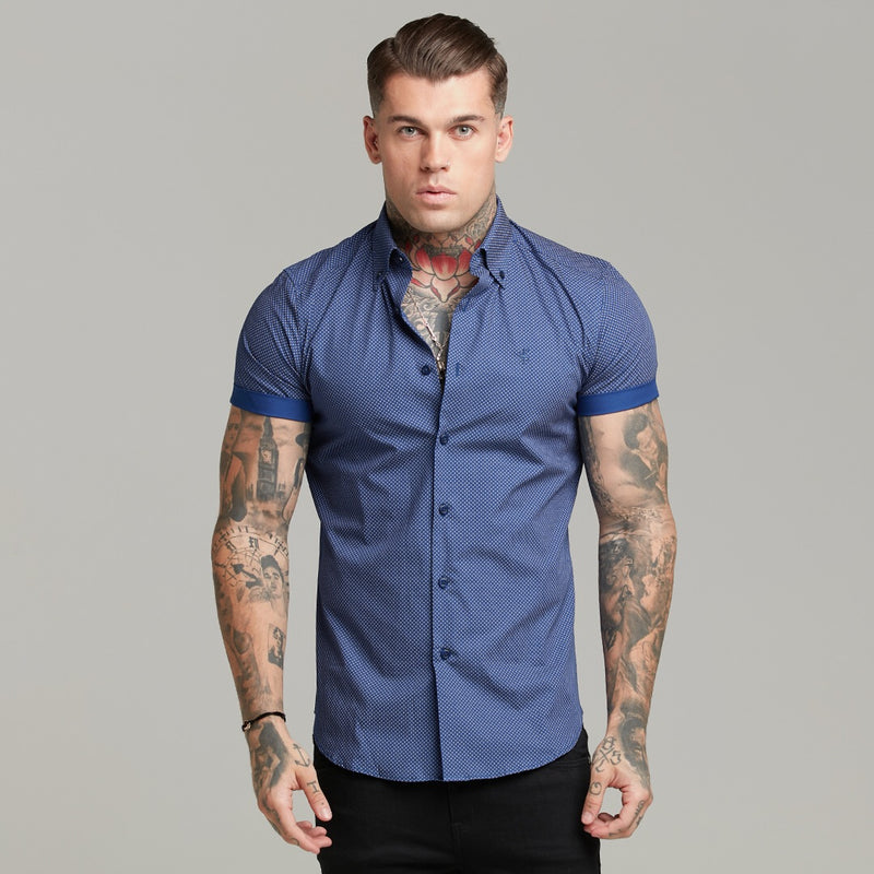 Father Sons Classic Navy Print Short Sleeve Button Down - FS607