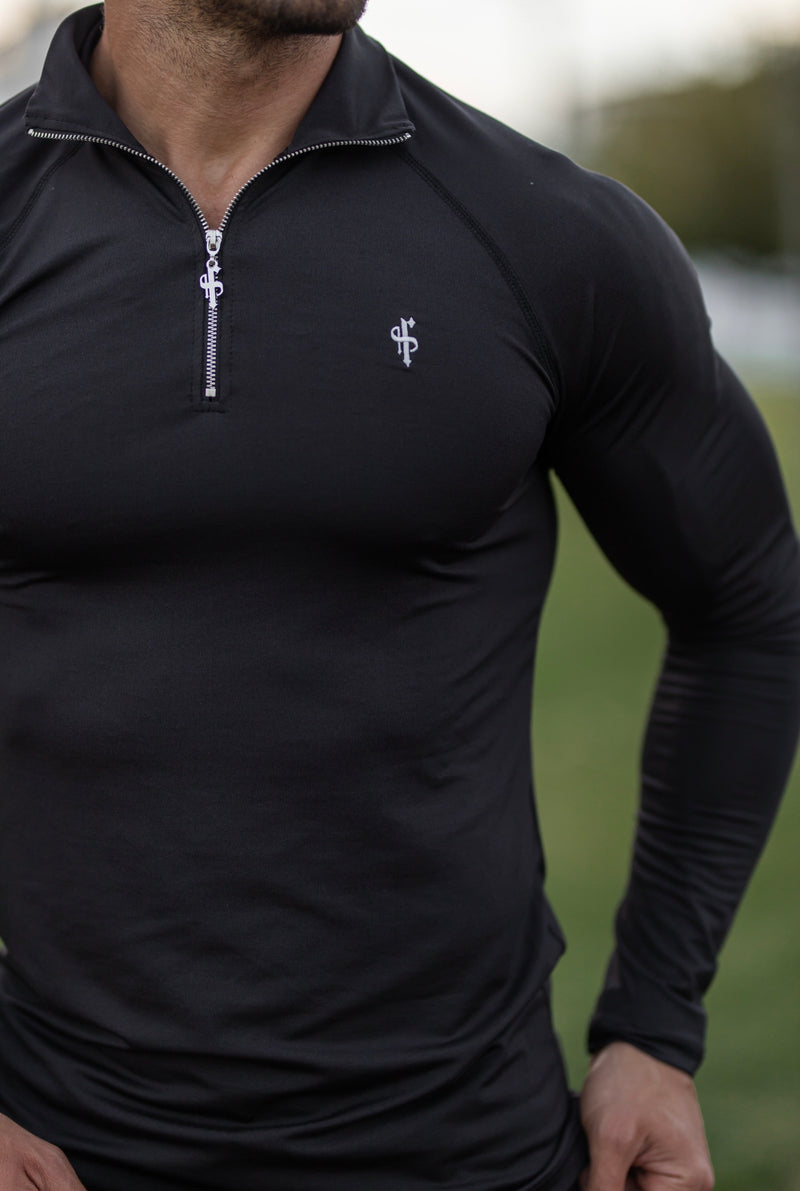 Father Sons Long Sleeve Solid Black Half Zip Gym Top - FSH634