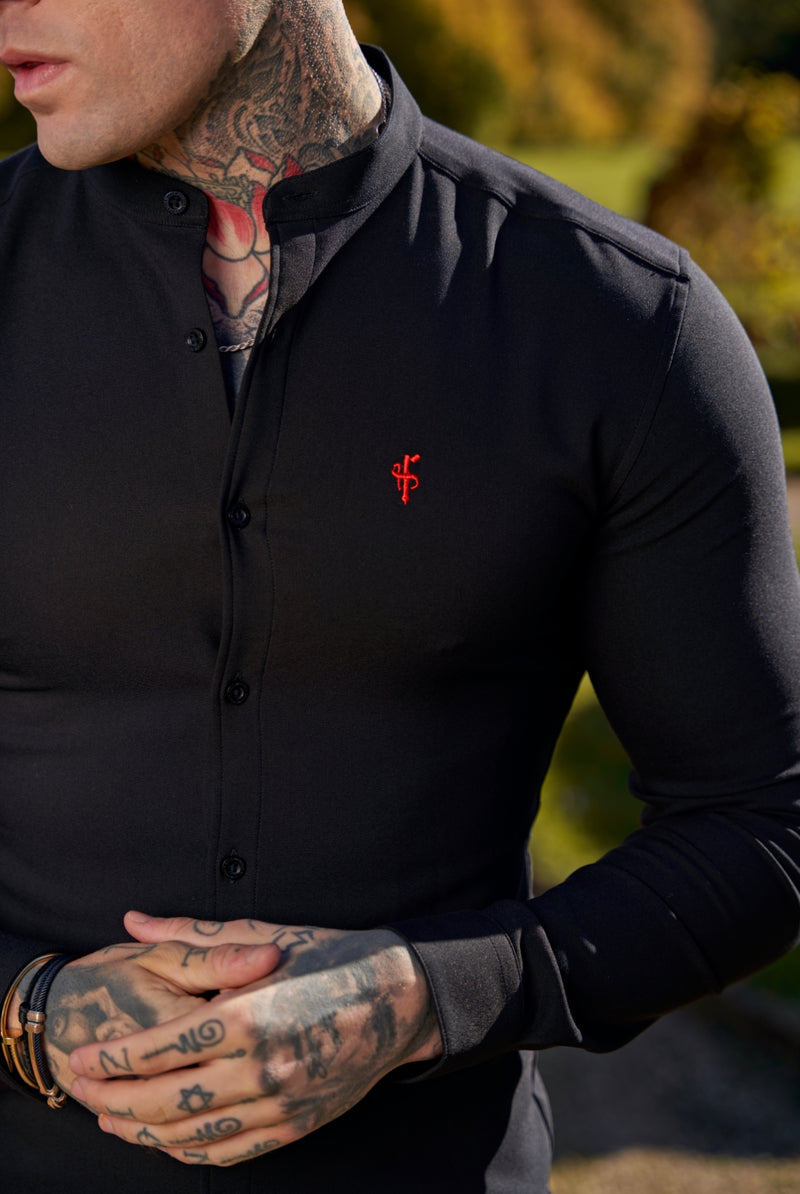 Father Sons Super Slim Scuba Black Long Sleeve Stretch With Grandad Collar - FS931